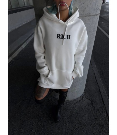 Uzun Kol Kapşonlu Göğüs Baskılı SweatShirt - Beyaz