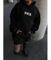 Uzun Kol Kapşonlu Göğüs Baskılı SweatShirt - Siyah