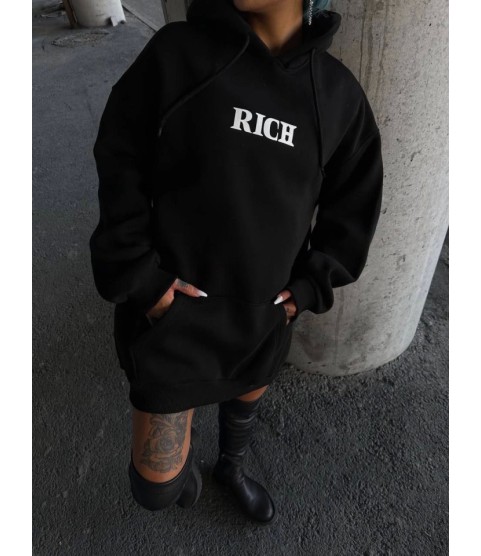 Uzun Kol Kapşonlu Göğüs Baskılı SweatShirt - Siyah