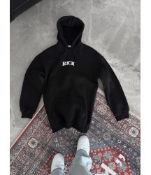 Uzun Kol Kapşonlu Göğüs Baskılı SweatShirt - Siyah
