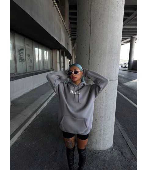 Uzun Kol Kapşonlu Göğüs Baskılı SweatShirt - Gri