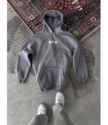 Uzun Kol Kapşonlu Göğüs Baskılı SweatShirt - Gri