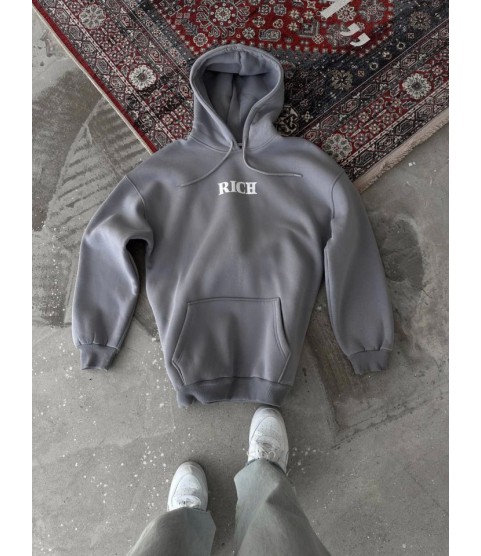 Uzun Kol Kapşonlu Göğüs Baskılı SweatShirt - Gri