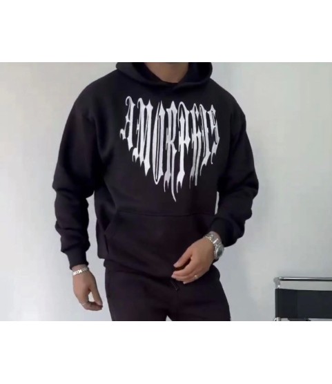 Uzun Kol Kapşonlu Baskılı SweatShirt - Siyah