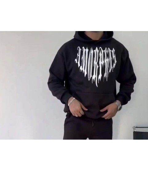 Uzun Kol Kapşonlu Baskılı SweatShirt - Siyah