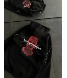 Üç İplik Kapşonlu Baskılı Oversize SweatShirt- Siyah