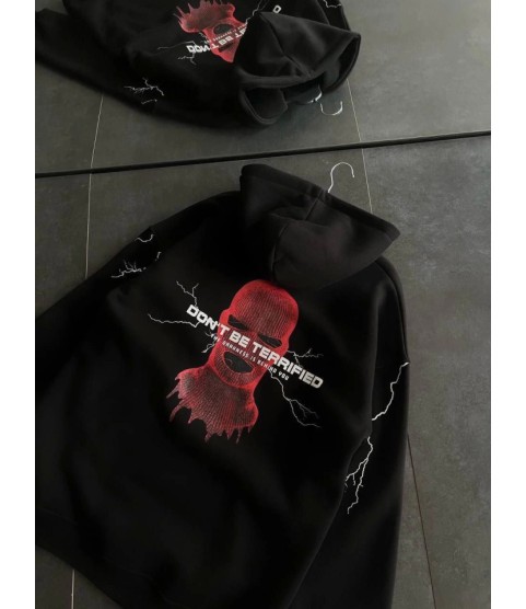 Üç İplik Kapşonlu Baskılı Oversize SweatShirt- Siyah