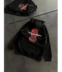 Üç İplik Kapşonlu Baskılı Oversize SweatShirt- Siyah