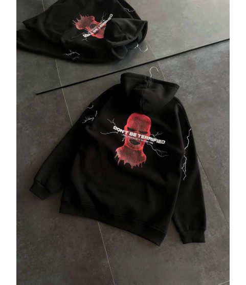 Üç İplik Kapşonlu Baskılı Oversize SweatShirt- Siyah