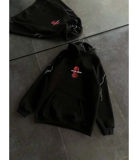 Üç İplik Kapşonlu Baskılı Oversize SweatShirt- Siyah