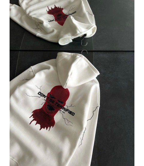 Üç İplik Kapşonlu Baskılı Oversize SweatShirt- Beyaz