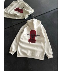 Üç İplik Kapşonlu Baskılı Oversize SweatShirt- Beyaz