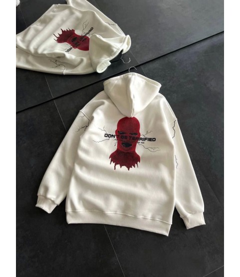 Üç İplik Kapşonlu Baskılı Oversize SweatShirt- Beyaz
