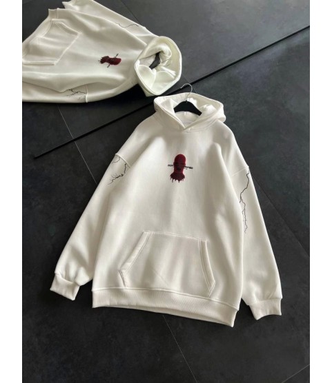 Üç İplik Kapşonlu Baskılı Oversize SweatShirt- Beyaz