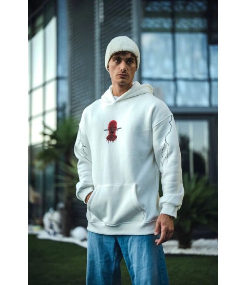 Üç İplik Kapşonlu Baskılı Oversize SweatShirt- Beyaz