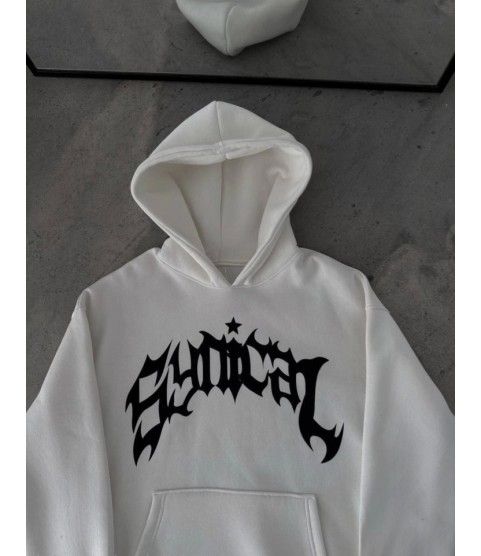 Üç İplik Kapşonlu Baskılı Oversize SweatShirt-  Beyaz