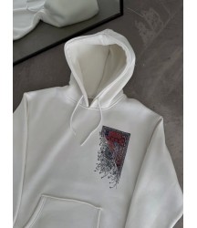 Uzun Kol Kapşonlu Ön Ve Arka Baskılı SweatShirt - Beyaz