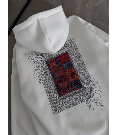 Uzun Kol Kapşonlu Ön Ve Arka Baskılı SweatShirt - Beyaz
