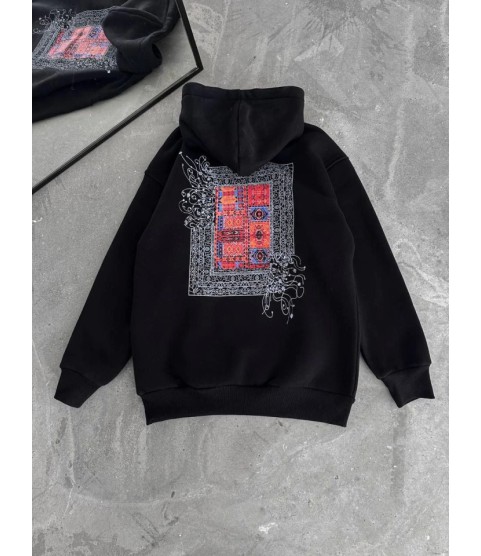 Uzun Kol Kapşonlu Ön Ve Arka Baskılı SweatShirt - Siyah