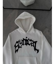 Kışlık Kapşonlu Baskılı Oversize SweatShirt- Beyaz