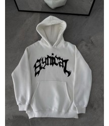 Kışlık Kapşonlu Baskılı Oversize SweatShirt- Beyaz