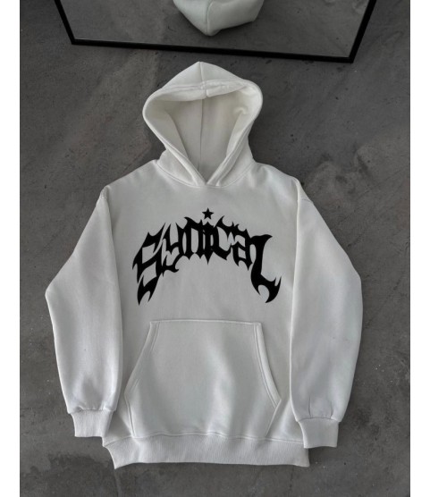 Kışlık Kapşonlu Baskılı Oversize SweatShirt- Beyaz