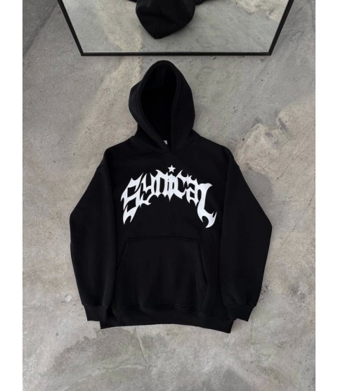 Kışlık Kapşonlu Baskılı Oversize SweatShirt- Siyah