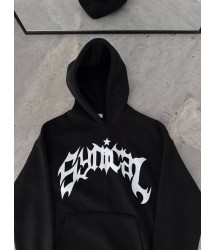 Kışlık Kapşonlu Baskılı Oversize SweatShirt- Siyah
