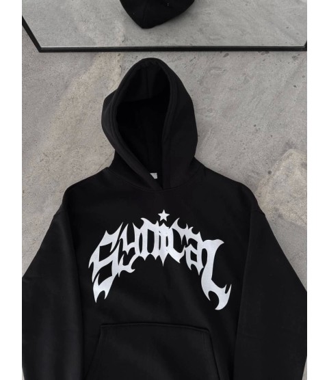 Kışlık Kapşonlu Baskılı Oversize SweatShirt- Siyah