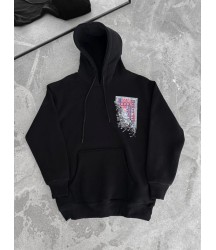 Uzun Kol Kapşonlu Ön Ve Arka Baskılı SweatShirt - Siyah