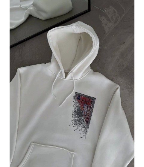 Uzun Kol Kapşonlu Ön Ve Arka Baskılı SweatShirt - Beyaz