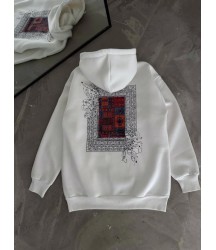 Uzun Kol Kapşonlu Ön Ve Arka Baskılı SweatShirt - Beyaz