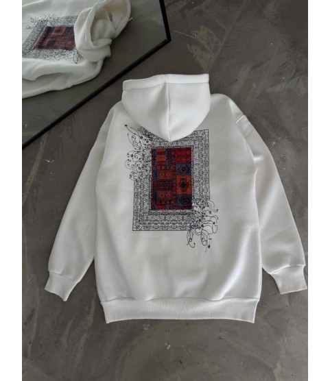 Uzun Kol Kapşonlu Ön Ve Arka Baskılı SweatShirt - Beyaz