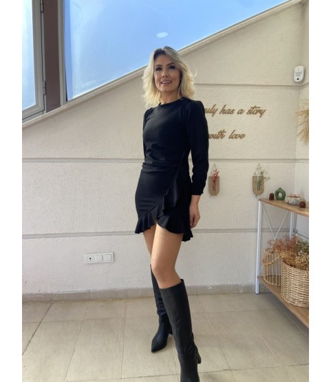 Kadın Uzun Kollu Bisiklet Yaka önden Volanlı Ithal Krep Elbise