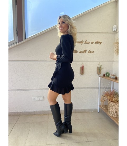 Kadın Uzun Kollu Bisiklet Yaka önden Volanlı Ithal Krep Elbise