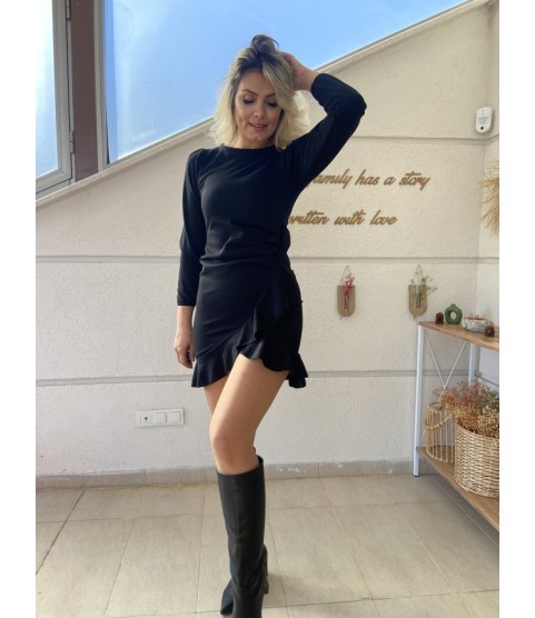 Kadın Uzun Kollu Bisiklet Yaka önden Volanlı Ithal Krep Elbise