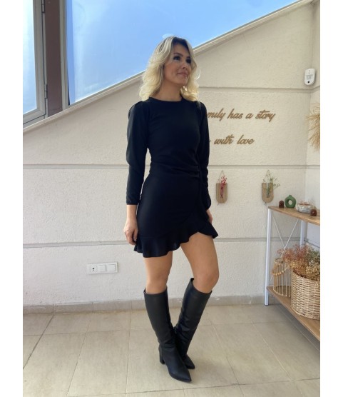 Kadın Uzun Kollu Bisiklet Yaka önden Volanlı Ithal Krep Elbise