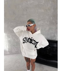 Unisex Üç İplik Kapşonlu Baskılı SweatShirt - Beyaz