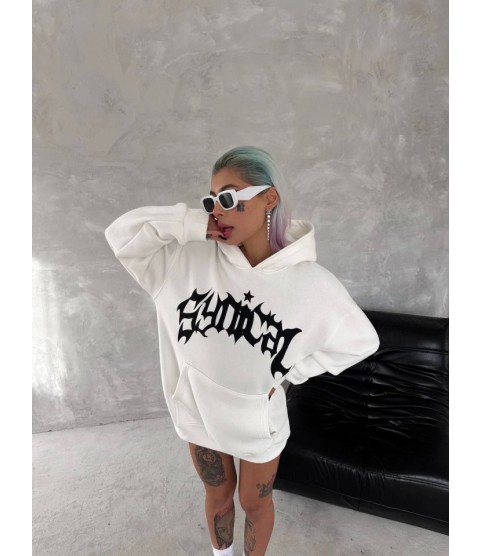 Unisex Üç İplik Kapşonlu Baskılı SweatShirt - Beyaz