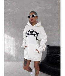 Unisex Üç İplik Kapşonlu Baskılı SweatShirt - Beyaz