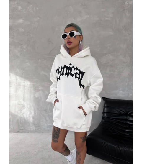 Unisex Üç İplik Kapşonlu Baskılı SweatShirt - Beyaz