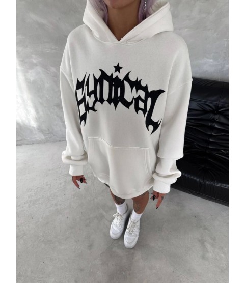 Unisex Üç İplik Kapşonlu Baskılı SweatShirt - Beyaz