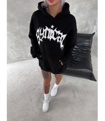 Unisex Üç İplik Kapşonlu Baskılı SweatShirt - Siyah