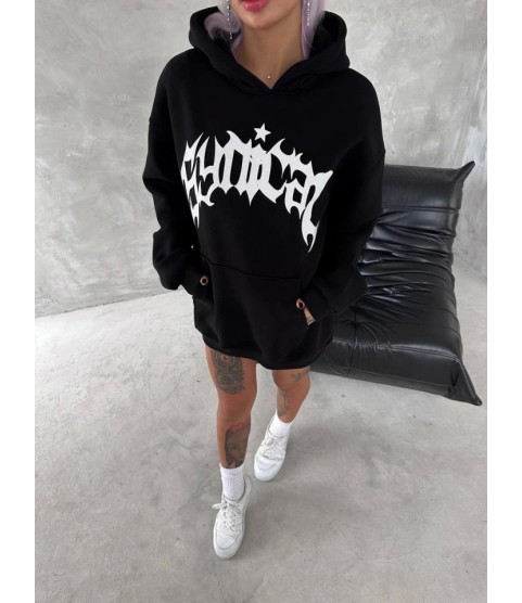 Unisex Üç İplik Kapşonlu Baskılı SweatShirt - Siyah
