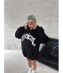 Unisex Üç İplik Kapşonlu Baskılı SweatShirt - Siyah