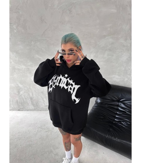 Unisex Üç İplik Kapşonlu Baskılı SweatShirt - Siyah