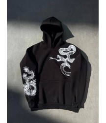 Uzun Kol Kapşonlu Baskılı SweatShirt - Siyah
