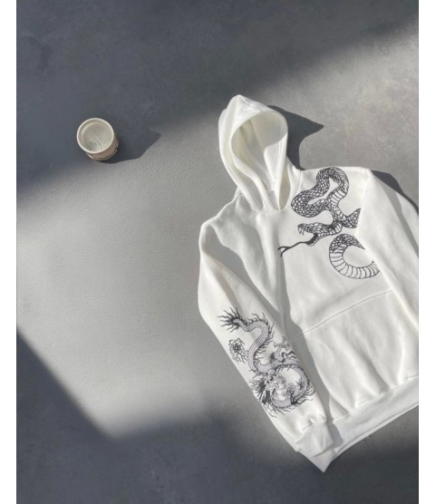 Uzun Kol Kapşonlu Baskılı SweatShirt - Beyaz