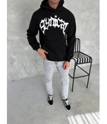 Unisex Üç İplik Kapşonlu Baskılı SweatShirt - Siyah