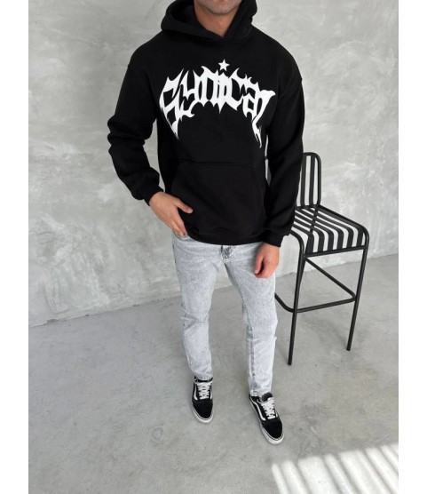 Unisex Üç İplik Kapşonlu Baskılı SweatShirt - Siyah